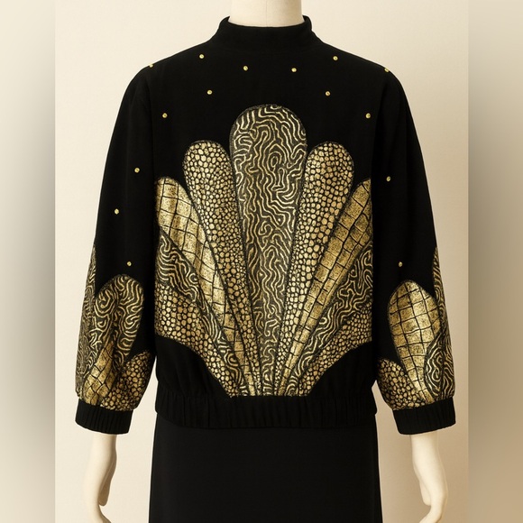 Julian K. Vintage Black & Gold Woman’s Leather Bomber Jacket M Art Deco Style - Picture 4 of 6